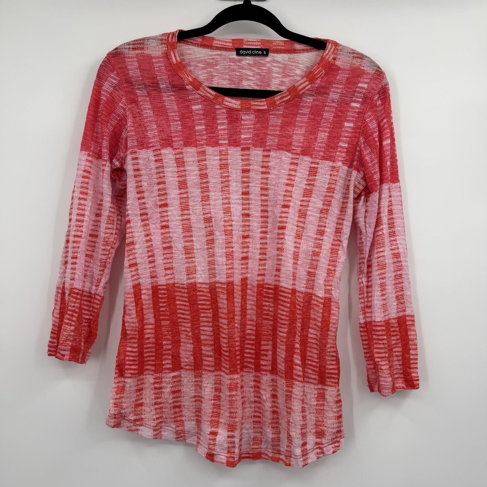 DAVID CLINE Tunic Womens Small Red Crew Neck 3/4 Sleeve Knit Striped Lightweight